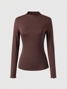 Elegant Minimalist Frill Trim Mock Neck Ribbed Long Sleeve Slim Fit Stretch Base Layer Top, Flattering Innerwear For Commuting Autumn Winter - Brown - View 7