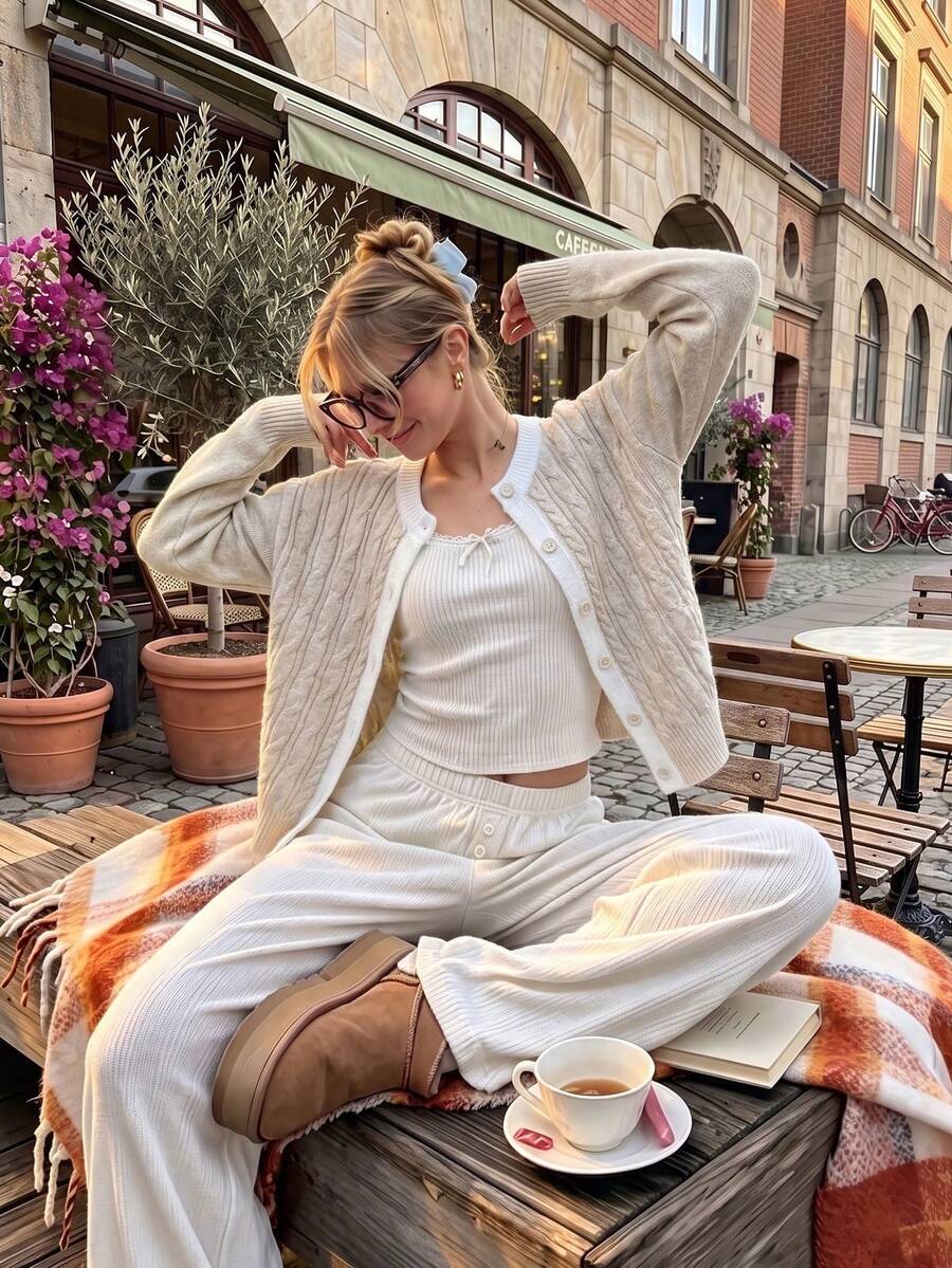 Korean Slouchy Khaki Cable Knit Cardigan, Contrast Collar Button Front Loose Sweater, Suitable For Autumn Back To School And Commute - Khaki - View 1