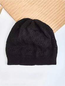 1pc Women Black Single Layer Thin Ruched Hollow Out Slouchy Beanie Hat Windproof Cold-Proof Fashion Warm Outdoor Knitted Knitted Cap Postpartum Hat - Black - View 5