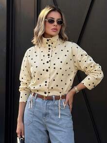 1pc Women's Vintage Small Polka Dot Drop Shoulder Short Utility Jacket With Drawstring Hem, Waist Pockets, Height-Enhancing Thin Outerwear For Spring/Autumn, Suitable For Daily Commute, Light Office, Store Visiting, Afternoon Tea, Best Friend Date - Apricot Yellow - View 5