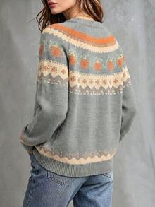 Pumpkin Fair Isle Knit Sweater, Round Neck Drop Shoulder Long Sleeve Vintage Loose Casual Women's Pullover, Halloween Autumn Holiday Party Outfit - Grey - View 6