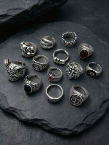 10pcs Unisex Vintage Punk Gothic Skull Bat Geometric Ring Set, Personalized Hip Hop Style Party Gift Daily Jewelry Accessories Random Styles - 10-piece Assorted Vintage Punk Ring Set - View 6