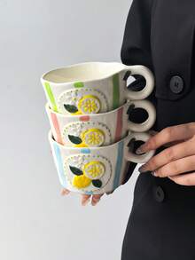 1pc Colorful Striped Lemon Ceramic Coffee Mug, Highly Attractive Classic Striped Design With 3D Lemon Pattern, Cute, Creative, Personalized Breakfast Cup, Tea Cup, Ideal Choice For Coffee - Perfect Birthday And Holiday Gift - Multicolor - View 5