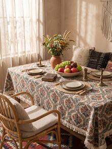 1pc Beige Background Blue Red Green Vintage Paisley Floral Pattern Tablecloth, Retro Bohemian Style Woven Fabric Material, Rectangular Beige Tassel Edge Detail, Stain-Resistant Protective And Decorative Function For Home Dining Table, Suitable For Bohemian Dining Table Decor And Daily Home Scenes - Khaki - View 10
