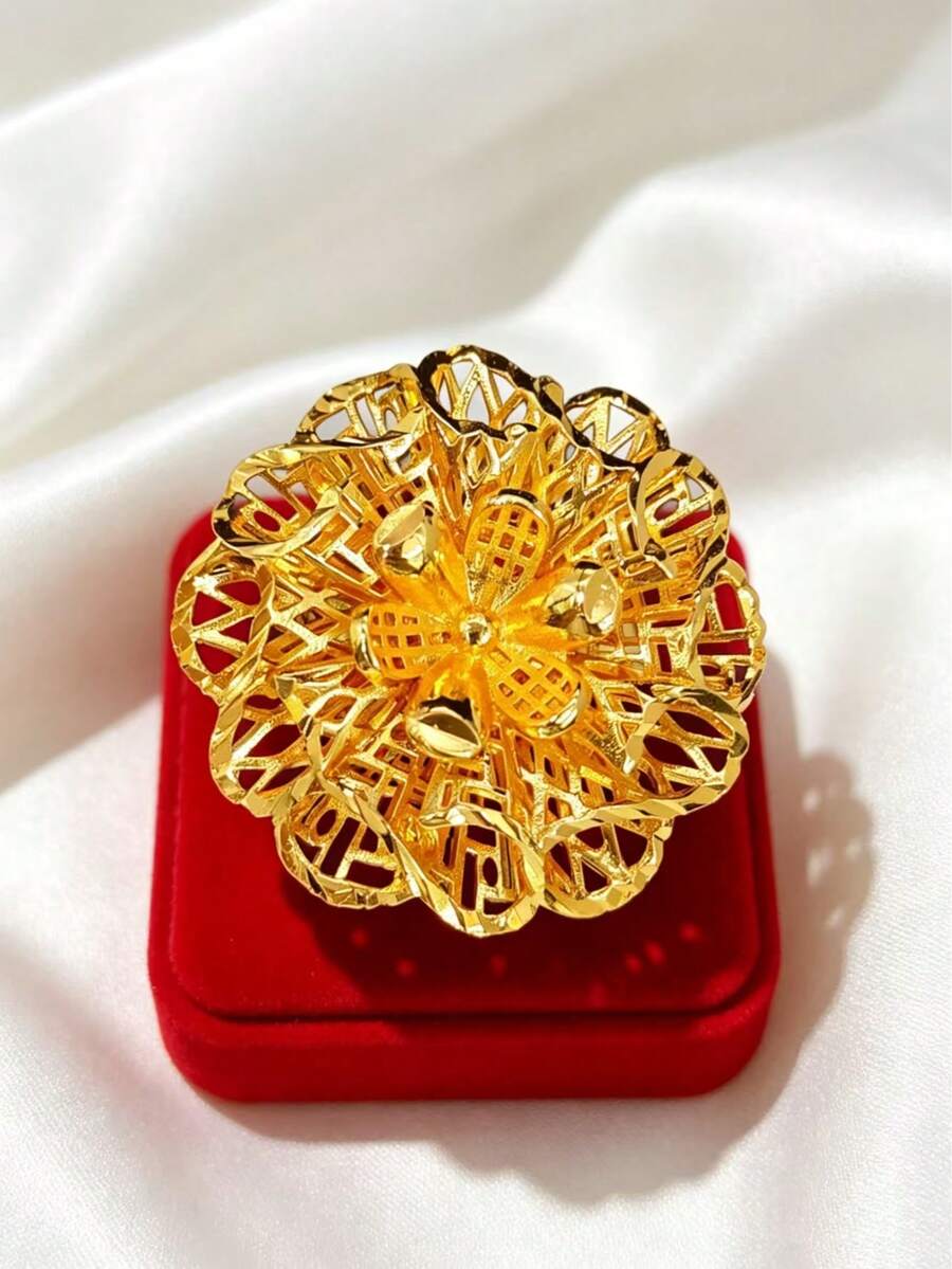 1pc Fashionable Women's Copper Gold Flower Ring Middle East Dubai Europe America Saudi Arabia Africa Bridal Party Dress Accessory Mother's Day Valentine's Day Date Festival Gift Christmas Halloween Hand Jewelry - Yellow Gold - View 1