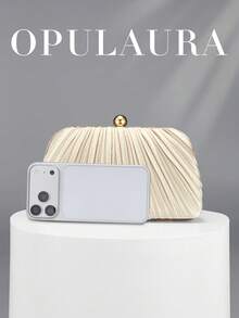 OpulAura 復古奢華手拿包，杏色亮面百褶設計時尚派對包，正式晚宴手拿包，高端小方包，適合派對/婚禮/正式場合晚餐活動女士包，附鏈條 - 杏色 - 查看 4