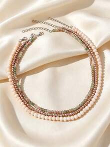 3pcs Set Of Fashionable Naturalistic Faux Pearl & Stone Beaded Necklaces, Suitable For Women's Daily, Vacation And Casual Wear - Multicolor - View 1