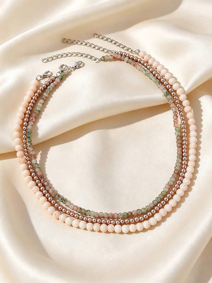 3pcs Set Of Fashionable Naturalistic Faux Pearl & Stone Beaded Necklaces, Suitable For Women's Daily, Vacation And Casual Wear - Multicolor - View 1
