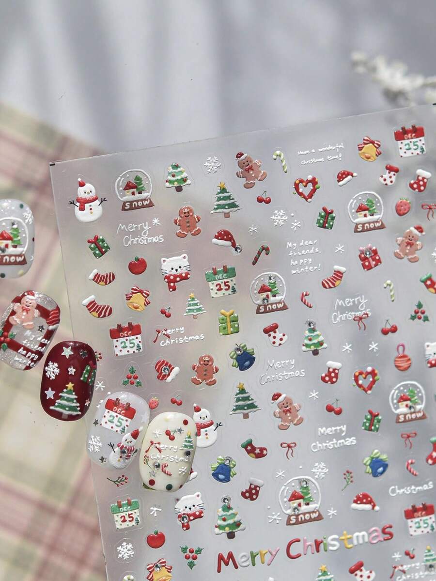 1pc 5D Cute Winter Cartoon Nail Stickers Mini Christmas Snowman Elk Santa Self‑Adhesive Nail Art Decals For Manicure Decor - Multicolor - View 1