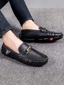 GAISIMA Men's Black Thermal Lined Loafers, Gold Buckle Metal Decor Business Slip-On Driving Shoes, Suitable For Daily Wear And Parties, Autumn/Winter Plus Size - Black - View 5