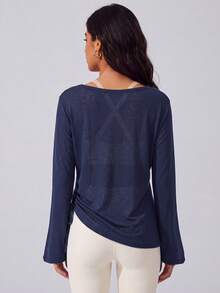 VUTRU Women's Loose Long Sleeve Sports T-Shirt Cover-Up, Lightweight U-Neck Drawstring Top For Pilates And Ballet - Navy Blue - View 2