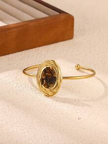 1pc Stainless Steel Korean Style Design Personalized Thin Cuff Bangle With Hollow Circle Charm For Women - Yellow Gold - View 8