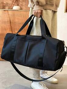 極簡布料旅行包，寬編織提把與肩帶裝飾，多口袋大容量，可收納衣物與盥洗用品，拉鍊開合，極簡商務休閒風，手提旅行健身包，適合短途出差、健身運動、週末出遊 - 黑色 - 查看 5