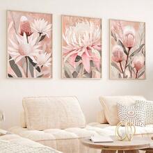 3Pcs Pink Protea Flower Canvas Wall Art, Soft Blush Australian Native Floral Prints, Neutral Boho Botanical Poster For Living Room, Bedroom, Kitchen, Home Decoration, Posters & Prints, Frameless - 391 - View 5