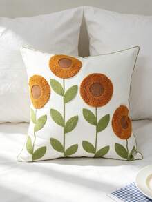 1pc Nordic Style Sunflower Embroidered Pillow Case, Creamy Bedroom Sofa Decorative Cushion, Living Room Sofa Atmosphere Decor Bed Headboard, Zipper Closure, Machine Washable, Pillow Insert Not Included - Multicolor - View 4