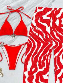 Set 3 Potong Bikini Hias Bintang Laut Merah dan Celana Panjang Motif Zebra untuk Wanita, Set Baju Renang Elegan untuk Pesta Liburan Pantai Musim Panas - Merah - View 7