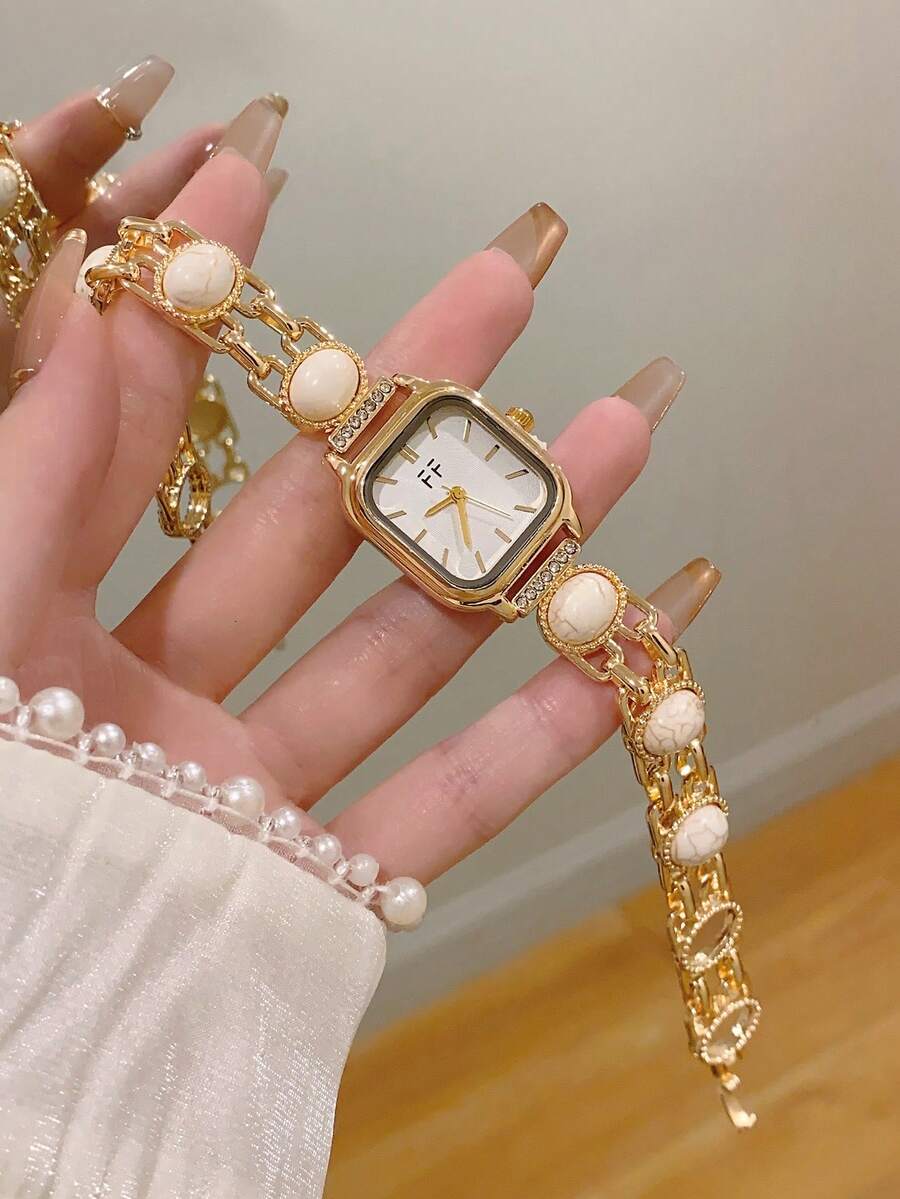 1pc Elegant Gold Women's Quartz Watch, White Dial, White Beaded Strap, Stick Index, Suitable For Daily Wear And Parties - Gold - View 1