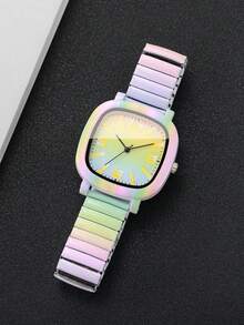 Women's Colorful Rainbow Gradient Square Quartz Wristwatch, Elastic Stretch Band, Casual Y2K Daily Wear Decorative Watch - Multicolor - View 8