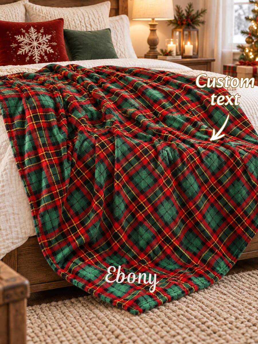 1PC Custom Embroidered Christmas Tartan Plaid Throw Blanket, Personalized Custom Name Blanket With Scottish Check Pattern, Single Layer Build, 2 Style Options, Decorative Blanket For Sofa And Bed, Ideal Holiday Gift - Multicolor - View 1