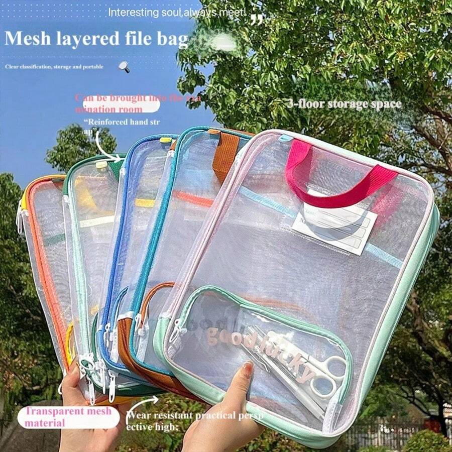 1 Túi tote ngang lưới trong suốt dày 3 lớp, túi phân loại môn học cho học sinh, túi đựng bài thi nhiều lớp, túi đựng tài liệu kéo khóa thẩm mỹ cao, cầm tay tiện lợi