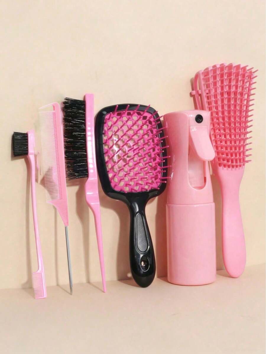 1pc Random Pink Comb Set Series, 9-Row Nylon Cushion Styling Comb, Tail Comb, Suitable For African Hair Types Including Curly, Wavy, Coiled, Wet/Oily/Coarse Hair, Easy To Detangle Curly Hair, Suitable For African American 3a To 4c Curly/Coiled Hair - Multicolor - View 1