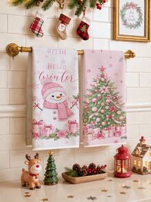 2pcs Christmas Pink Christmas Tree & Snowman Pattern Kitchen Towels, Soft Polyester Dish Cloths, Suitable For Kitchen Decor, Kitchen Cleaning, Holiday Party Decoration, Kitchen & Bathroom Supplies, Home Essentials, Home Decor, Housewarming Gift - Multicolor - View 1