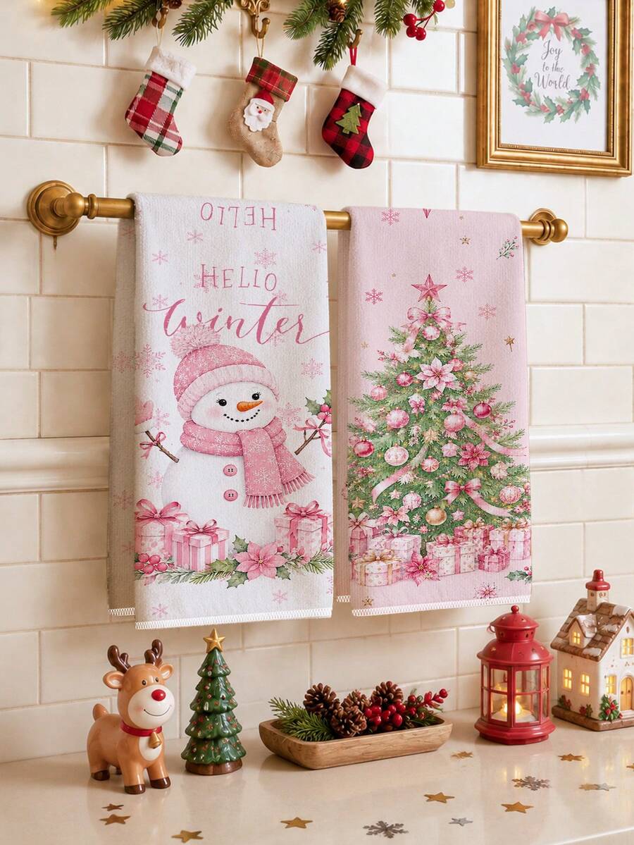 2pcs Christmas Pink Christmas Tree & Snowman Pattern Kitchen Towels, Soft Polyester Dish Cloths, Suitable For Kitchen Decor, Kitchen Cleaning, Holiday Party Decoration, Kitchen & Bathroom Supplies, Home Essentials, Home Decor, Housewarming Gift - Multicolor - View 1
