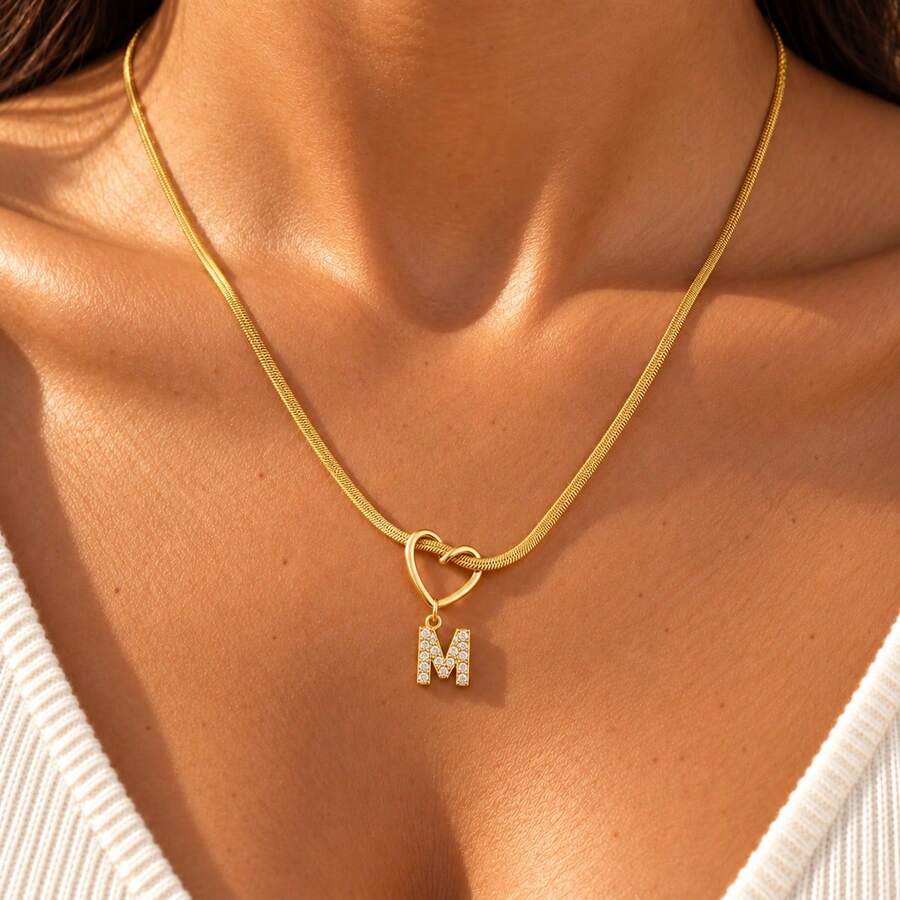 Initial Charm Gold Plated Letter Necklace For Women Men With Infinity Heart Loop And Cubic Zirconia Snake Chain - Yellow Gold - View 1