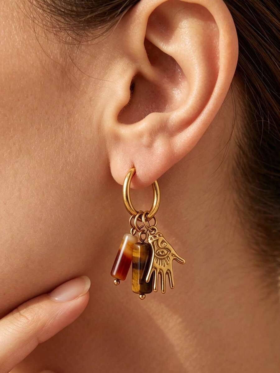 2 Buah Anting Gantung Hoop Gaya Batu Alam Vintage Dekorasi Musim Gugur dengan Charm Bintang, Mata Jahat dan Tangan, Perhiasan Wanita Gaya Bohemian - Anting-anting 7636 - View 1