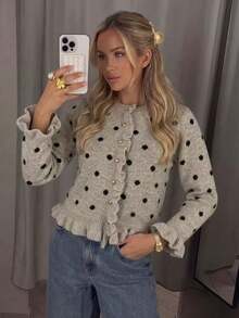 Women's Autumn/Winter Polka Dot Ruffle Knit Cardigan, Casual Daily Long Sleeve Vacation Outfit, Fashion Slim Fit Top - Multicolor - View 6
