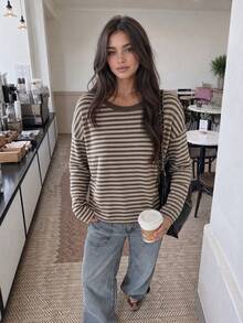 Women's Long Sleeve Striped Pattern Crew Neck Fashion Casual T-Shirt - Khaki - View 1