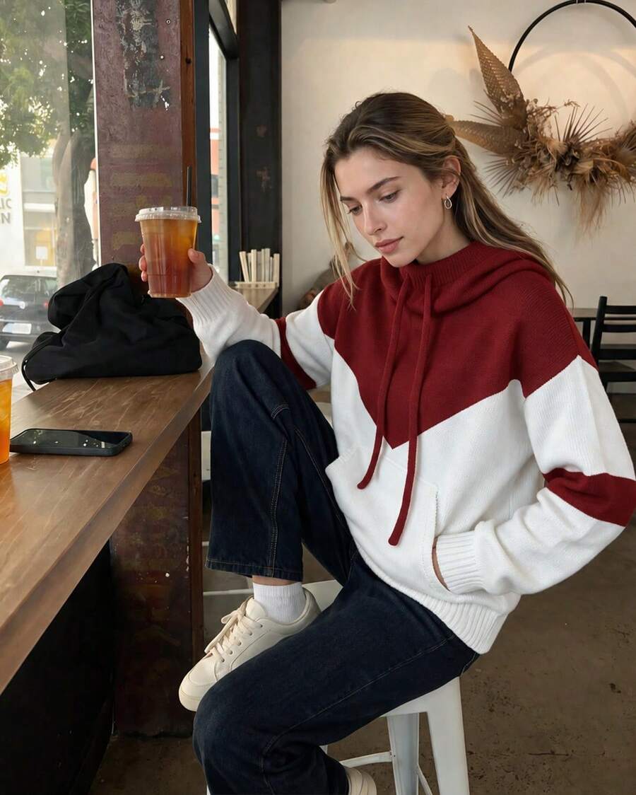 女款大學風拼接色連帽衛衣,休閒秋冬對比色長袖套頭衫,Y2K時尚穿搭 - 紅色 - 查看 1