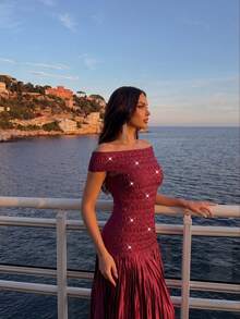 New Sexy Burgundy Off-Shoulder Heavy Rhinestone Evening Gown With Pleated Full Skirt, Bandage Long Dress, Elegant Women's Formal Evening Party Dress - Red - View 4