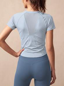 Soyun New Women's Mesh Back Breathable Short Sleeve Yoga Pants Set, Curved Design, Suitable For Outdoor Activities - Baby Blue - View 3