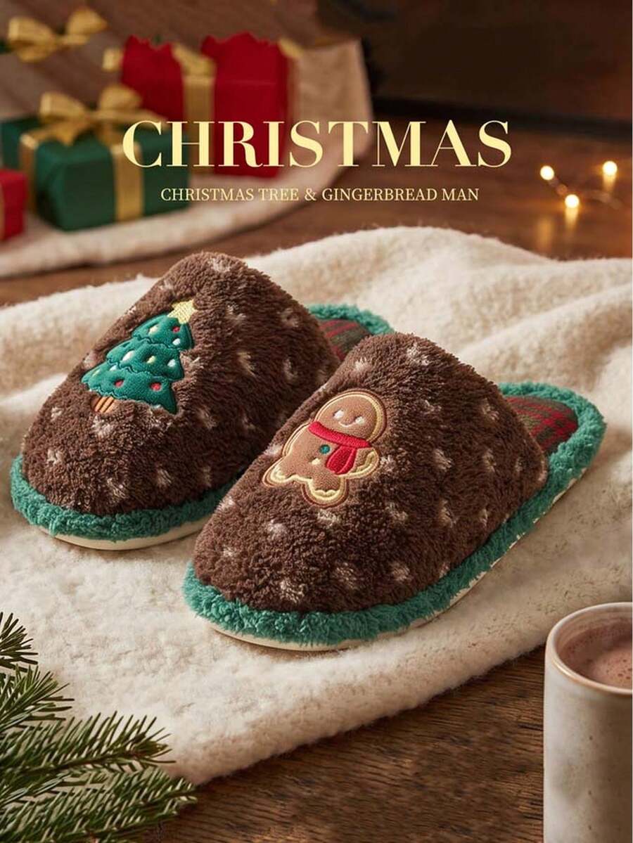 Women's Plush Slippers Winter Christmas Gingerbread Man Cute Fuzzy Fleece Warm Indoor Outdoor Couple Style Furry Slippers - Green - View 1