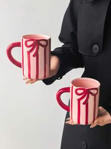1pc Red Striped Ceramic Mug, Modern Minimalist Ins Style Creative Vertical Stripe & Bow Design Large Capacity Breakfast Coffee Cup, Home Breakfast Milk Cup, Suitable For Christmas, Saudi National Day, Gift For Classmates/Friends - Multicolor - View 2