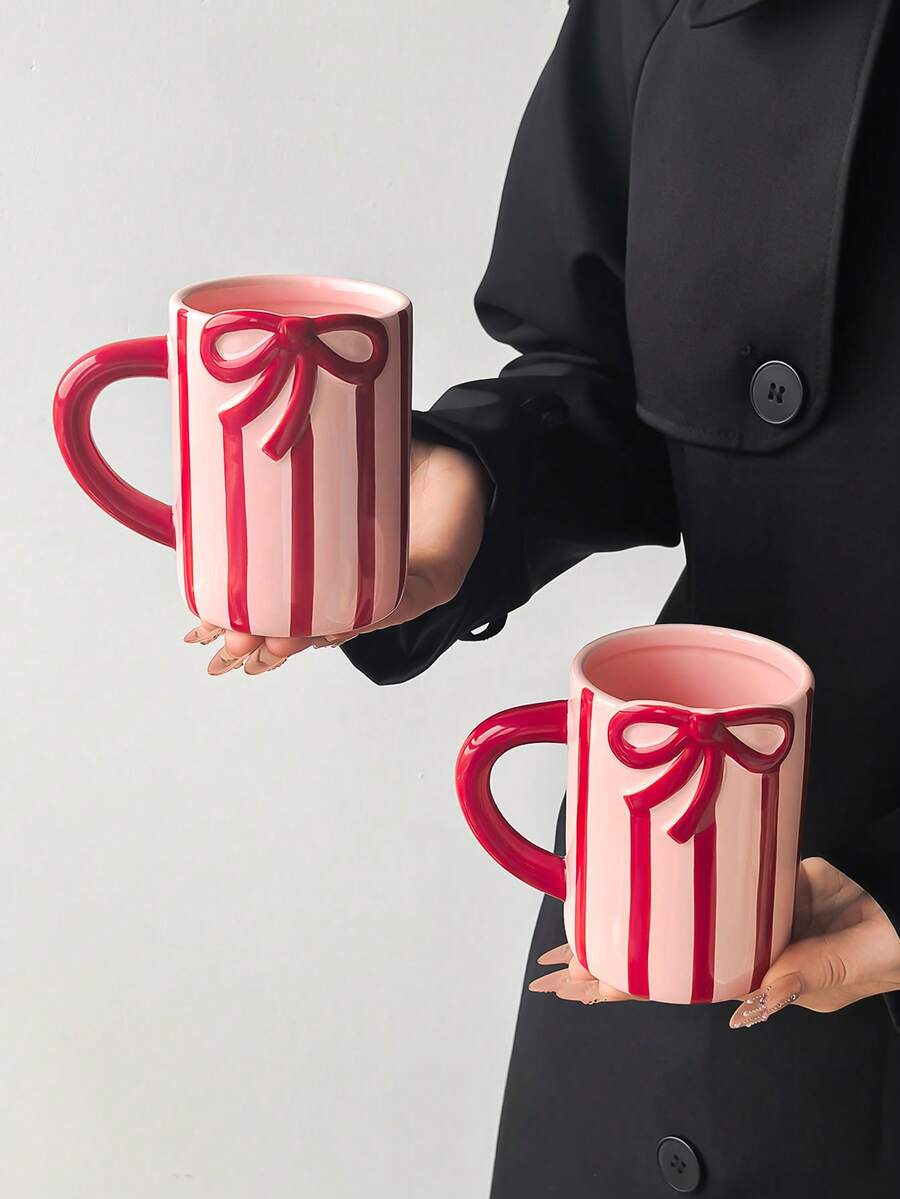 1pc Red Striped Ceramic Mug, Modern Minimalist Ins Style Creative Vertical Stripe & Bow Design Large Capacity Breakfast Coffee Cup, Home Breakfast Milk Cup, Suitable For Christmas, Saudi National Day, Gift For Classmates/Friends