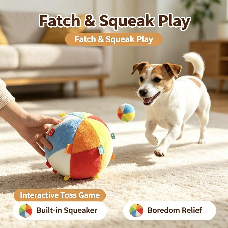 Colorful Plush Squeaky Ball Dog Toy With Built-In Squeaker And Multi ...