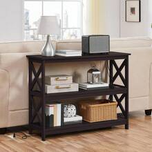 Mesa consola con toma de corriente, mesa de sofá estrecha de 3 niveles con estantes de almacenamiento, mesa de entrada de madera, mesa auxiliar para sala de estar, pasillo, entrada - Café integral - Ver 6
