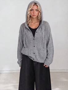 Women's New Autumn Casual Minimalist Slimming Vertical Striped Hooded Cardigan Knit Sweater - Grey - View 1