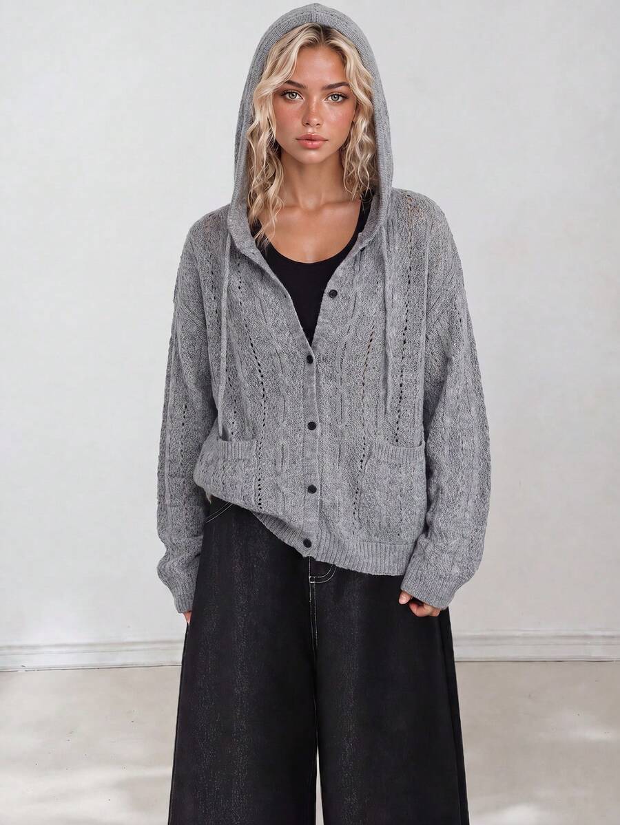 Women's New Autumn Casual Minimalist Slimming Vertical Striped Hooded Cardigan Knit Sweater - Grey - View 1