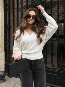 Women's V-Neck Long Sleeve Pullover Sweater - White - View 1