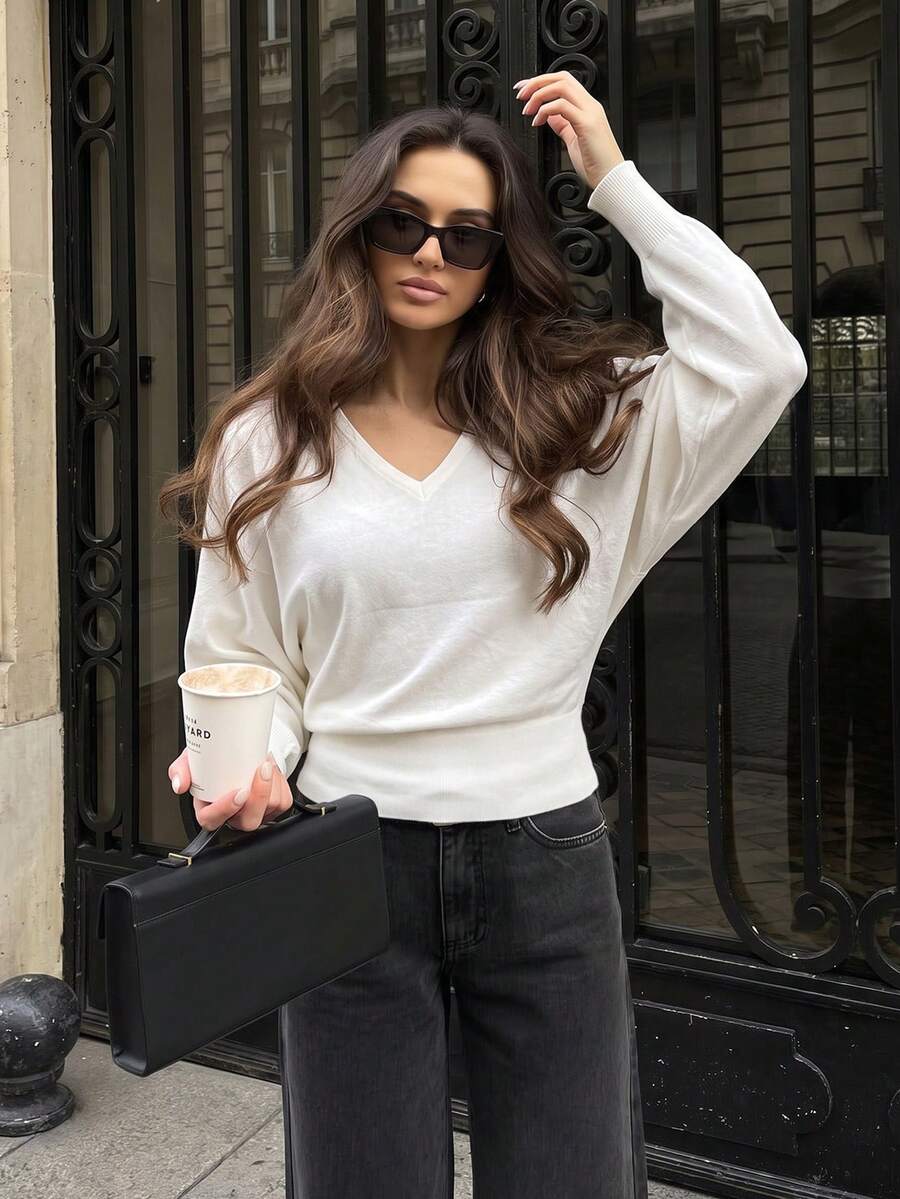 Women's V-Neck Long Sleeve Pullover Sweater - White - View 1