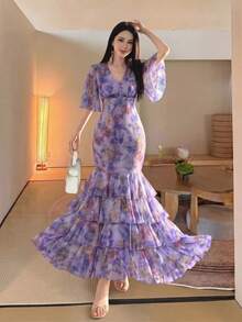 Gaun Mewah Elegan Modern Romantis Motif Bunga untuk Wanita Ukuran Plus yang Melangsingkan - Purple - View 5