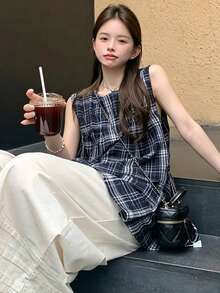 YCYC Japanese Vintage Design Plaid Round Neck Shirt Women Summer Loose Sleeveless Casual Babydoll Blouse Top - Navy Blue - View 3