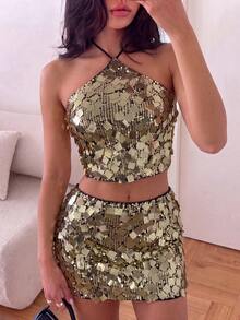 Elegant Fashion Gold Halter Neck Sleeveless Fitted Top, Embellished With Asymmetrical/Square Sequins, Suitable For Parties, Night Out, Holidays, Date Nights - Gold - View 4
