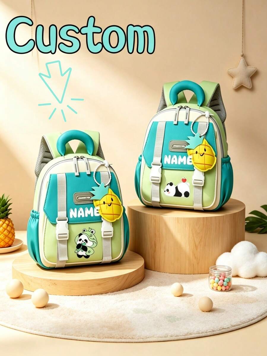 1pc Personalized Customized Backpack, Fashionable And Cute Panda Theme Print, Zipper Closure Nylon Material, Paired With 3D Fruit Charm, Adjustable Shoulder Straps, Hand-Carry, Suitable For School, Commuting, Shopping, Daily Use. Birthday Gift. - Multicolor - View 1