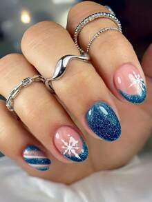30 Pieces Nude Foundation Blue Glittered French-Style Snowflake Striped Christmas Winter Fake Nails, Medium-Long Oval Wearing Nails - Navy Blue - View 7