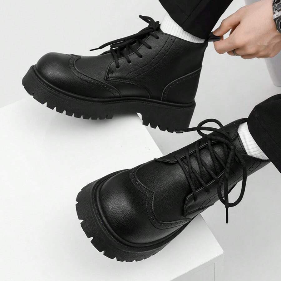 Men's High-Top Combat Boots, Non-Slip Thick Sole, Solid Color Stitching, Suitable For Outdoor Hiking, Casual Wear And Work - Black - View 1