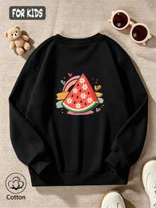 Girls' Cute Printed Drop-Shoulder Round-Neck Long-Sleeve Casual Sports Sweatshirt - Black - View 3